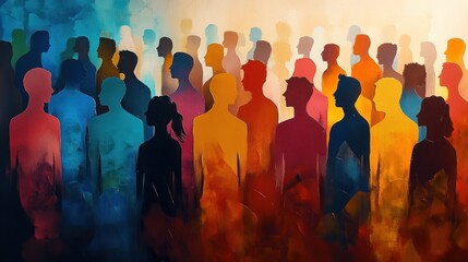 Naklejka premium Colorful Crowd Silhouettes in a Mixed Media Illustration of Diverse People Together