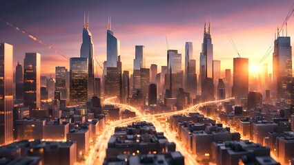 Stunning sunset cityscape with illuminated skyscrapers and glowing highway intersections.