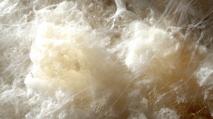 Close-up of fluffy white material with fibers.
