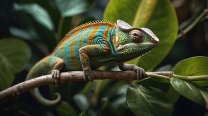 Colorful chameleon perched on a branch amidst lush green foliage in a vibrant jungle setting