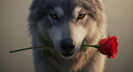 Wolf Holding a Red Rose Majestic Animal Portrait