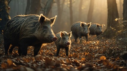Wild boars foraging in a sunlit forest, surrounded by autumn leaves and trees in the background