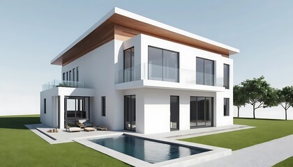 Fototapeta premium Modern White House with Pool and Landscaping