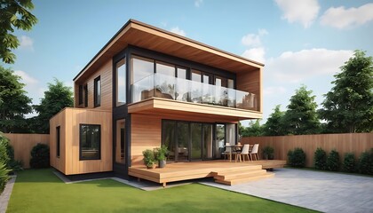 Fototapeta premium Modern Two Story Wood House With Deck
