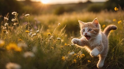 Obraz premium Playful kitten running through a vibrant flower field at sunset, capturing joy and nature's beauty