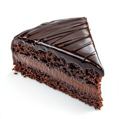 A slice of rich chocolate cake with a ganache drizzle, isolated white background, realism art style