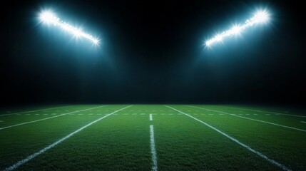 Football field illuminated by stadium lights with copy space on dark background