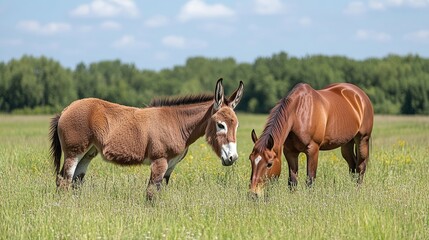 Donkeys, horse, grazing, pasture, summer, field, rural, idyllic, nature, animals