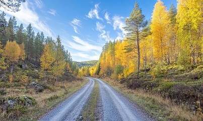 Obraz premium Gravel road through colorful autumn forest under blue sky