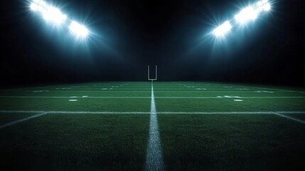 Naklejka premium Football field illuminated by stadium lights with copy space on dark background