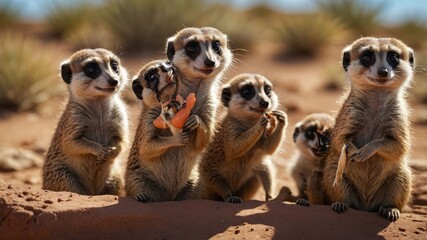 A group of meerkats standing together in a desert landscape, showcasing their playful interaction