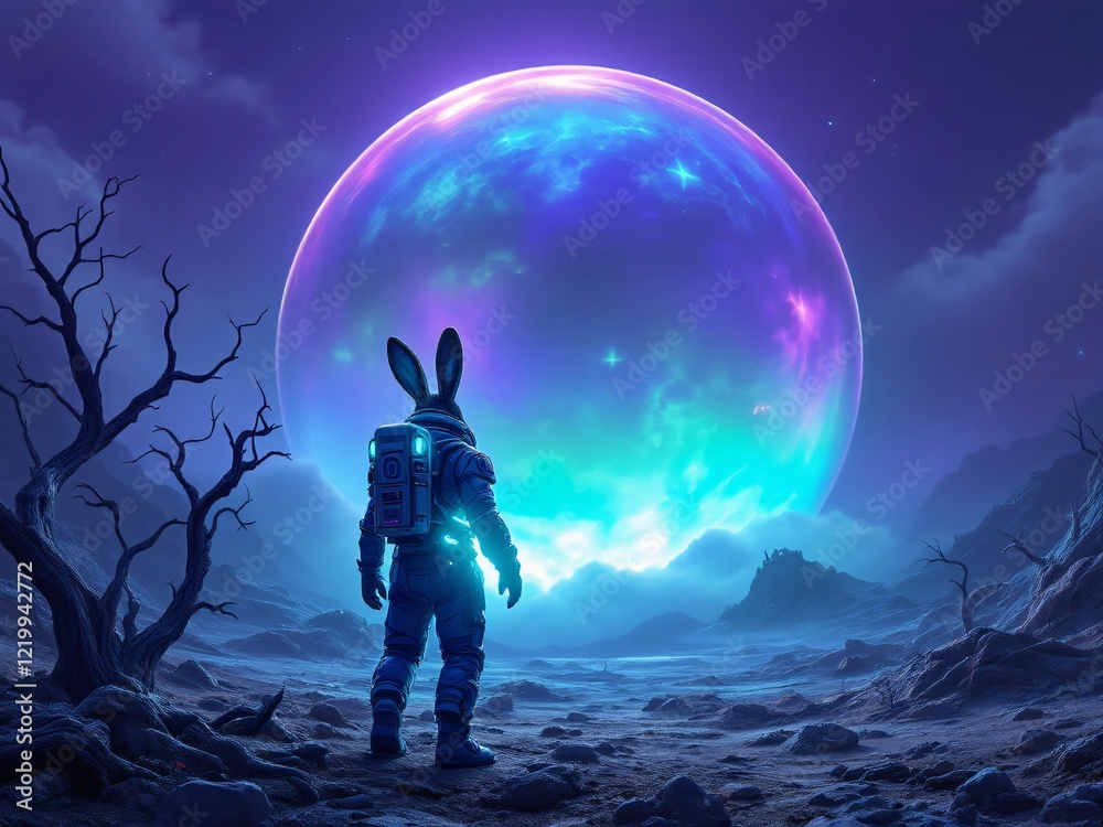 Wall mural astronaut rabbit gazing at a giant moon in alien landscape.