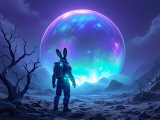 Astronaut rabbit gazing at a giant moon in alien landscape.