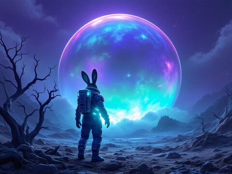 Astronaut rabbit gazing at a giant moon in alien landscape. - Powered by Adobe