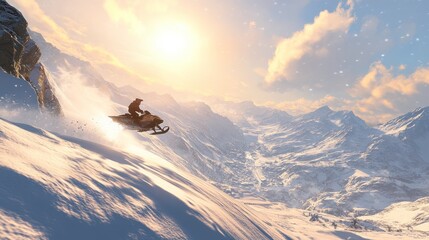 Snow Rider Leaping Over Snowbank in Bright Winter Sunlight
