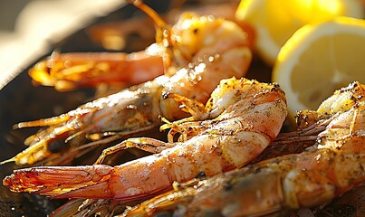 Grilled shrimp with lemon wedges on a plate outdoors