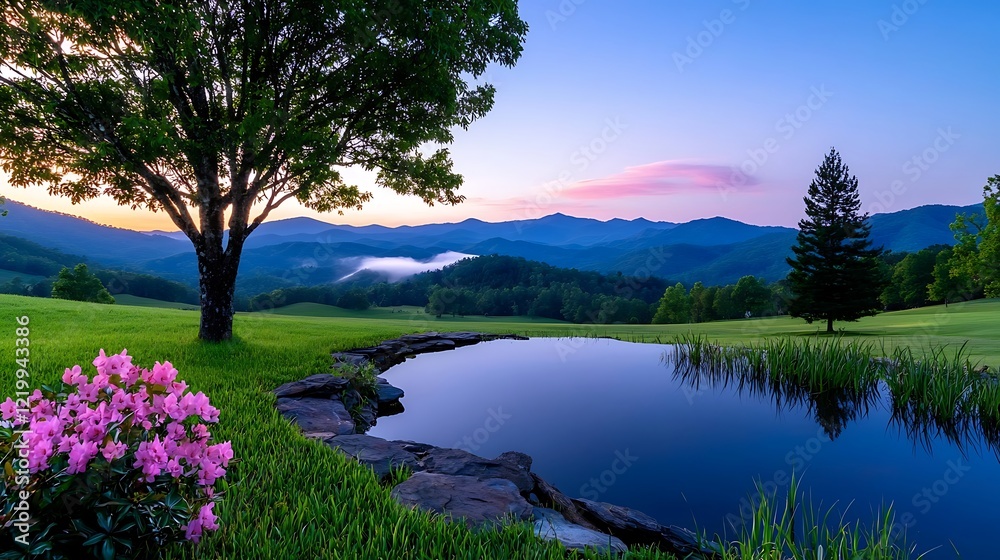 Canvas Prints Serene Mountain Landscape at Sunrise with Tranquil Pond