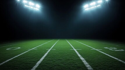 Football field illuminated by stadium lights with copy space on dark background