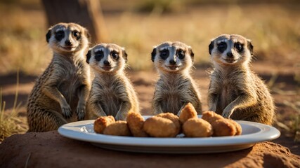 Fototapeta premium Four meerkats sitting together in a sunny savanna, curiously eyeing a plate of snacks