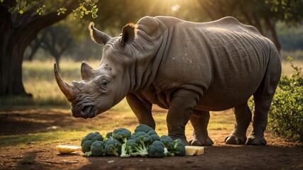 Fototapeta premium A white rhinoceros enjoying a meal of fresh vegetables in a serene natural setting