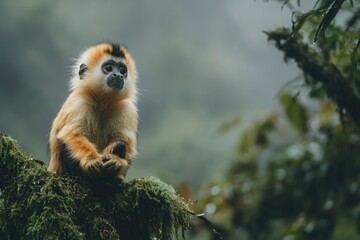 Fototapeta premium Golden snub-nosed monkey sitting on mossy branch, rainforest background, wildlife photography, nature conservation