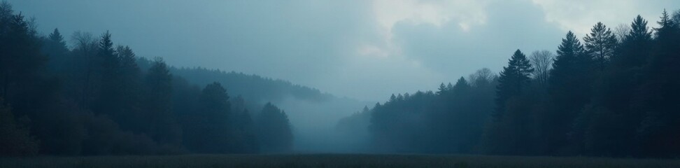 Misty forest at dusk with dark trees and gray sky, peaceful, nature