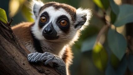 Obraz premium Close-up of a curious lemur perched on a branch, surrounded by lush greenery in a serene habitat