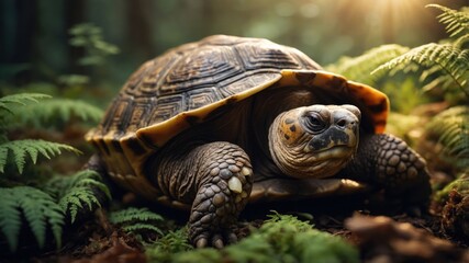 Obraz premium A close-up of a tortoise resting on lush green ferns in a sunlit forest environment