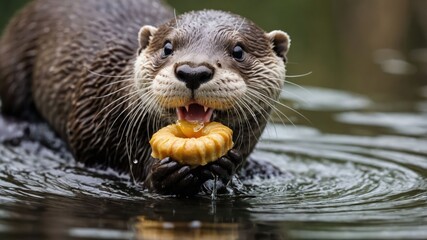 Obraz premium Playful otter swimming in a serene pond, joyfully holding a yellow treat, surrounded by nature