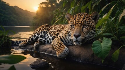 Obraz premium Majestic leopard resting by the riverbank at sunset, surrounded by lush greenery and tranquility
