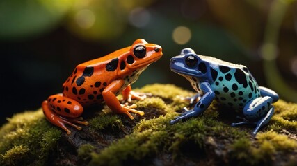 Fototapeta premium Vibrant frogs in natural habitat, showcasing colors and textures on mossy surface