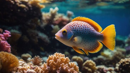 Colorful fish swimming gracefully among vibrant coral reefs in a serene underwater scene
