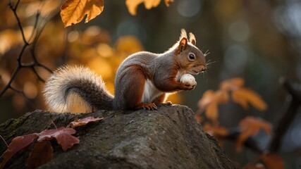 Obraz premium Squirrel Foraging on a Tree Stump Amidst Autumn Leaves in a Forest Setting