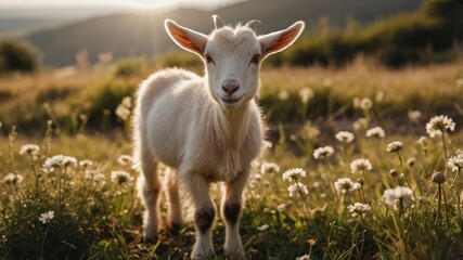 Obraz premium A playful young goat stands in a sunlit meadow surrounded by blooming flowers at sunset