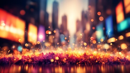 Abstract glowing plants illuminated against a blurred city night backdrop.