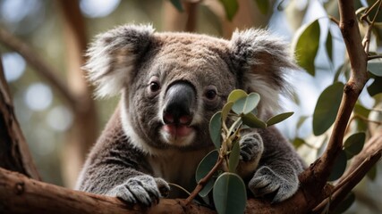 Fototapeta premium Close-up of a koala resting on a tree branch surrounded by eucalyptus leaves in a natural habitat