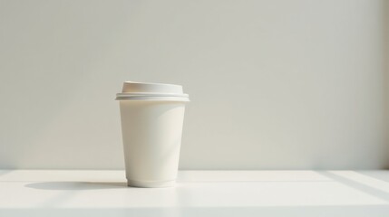A Single White Disposable Coffee Cup on a White Surface in Soft Sunlight