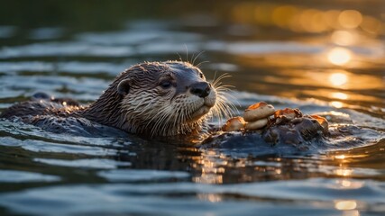 Fototapeta premium Playful otter swimming in tranquil water, holding crabs at sunset, with a serene background