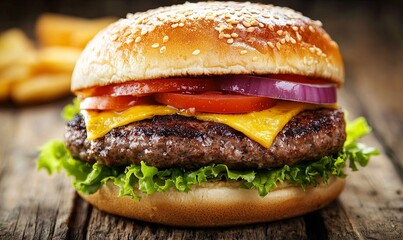 Juicy cheeseburger with toppings and fries on rustic wood, ideal for menu or food blog