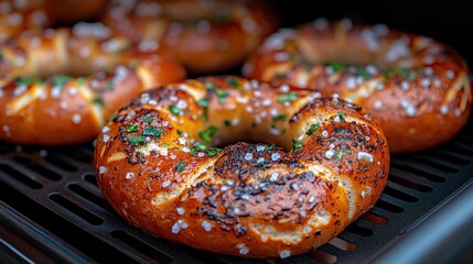 Freshly baked pretzels with salt and herbs.
