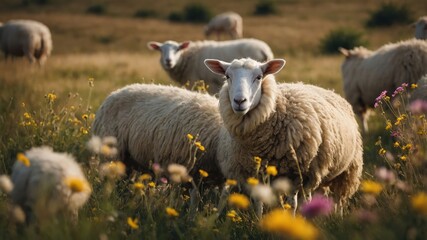 Obraz premium Flock of sheep grazing in a vibrant meadow filled with wildflowers under a clear sky