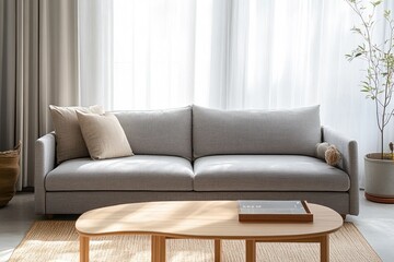 Scandinavian Minimalist Living Room with Gray Sofa and Light Wood Table