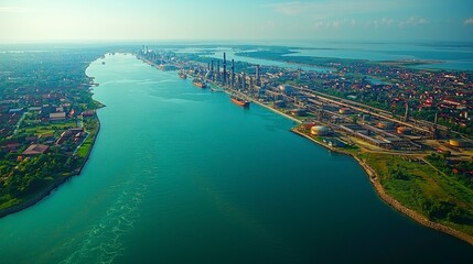 Fototapeta premium A panoramic view of an oil refinery and its connected pipeline systems, illustrating the vast industrial infrastructure required to refine and distribute petroleum.