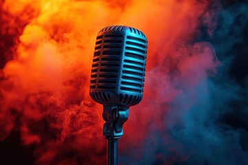 Vintage microphone surrounded by colorful smoke in dramatic lighting for music and podcast concept