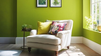 Serene Green Living Room with Comfortable Chaise Lounge and Natural Light