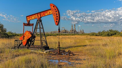 A close-up view of a pumpjack in West Texas with the refinery plant in the background, showcasing the extraction of crude oil followed by refining processes.