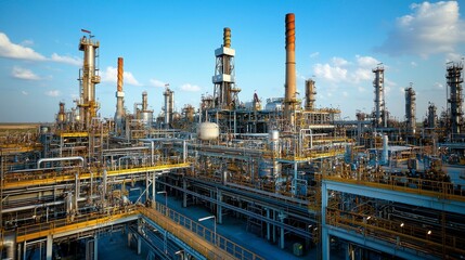 A clear view of a pumpjack working in the West Texas oil field, with the refinery plant towering in the background, processing the crude oil extracted from the ground.