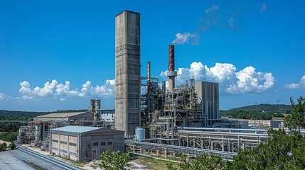A pumpjack in the foreground and a refinery plant in the background, with oil pipelines running through the West Texas landscape, highlighting the oil production process.