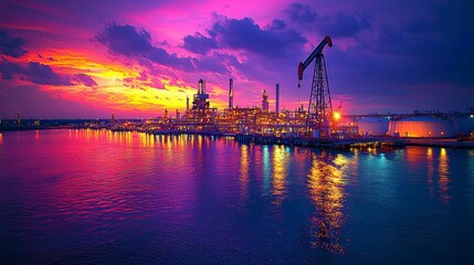 Obraz premium A wide-angle shot of a pumpjack (oil derrick) in operation in the West Texas oil field, with the refinery plant and large storage tanks visible in the distance.