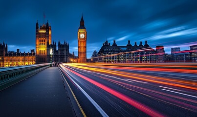 Obraz premium London Night view of Big Ben, Houses of Parliament & Westminster Bridge traffic